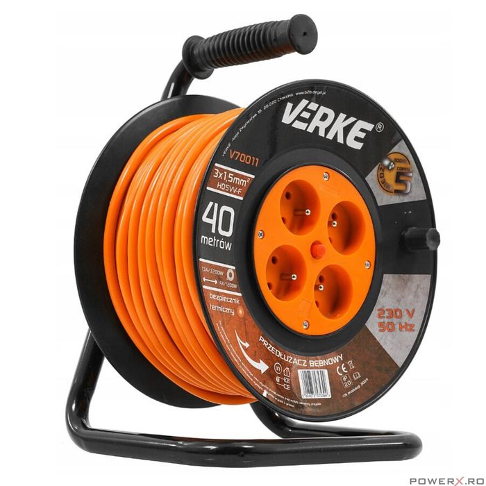 Rola prelungitor cablu cu cadru metalic, 25 metri 3 x 1,5 mm, Verke