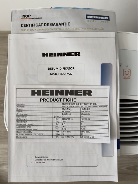 Dezumidificator Heinner HDU-M20, 20L/24h – Folosit foarte puțin, garanție 3 ani