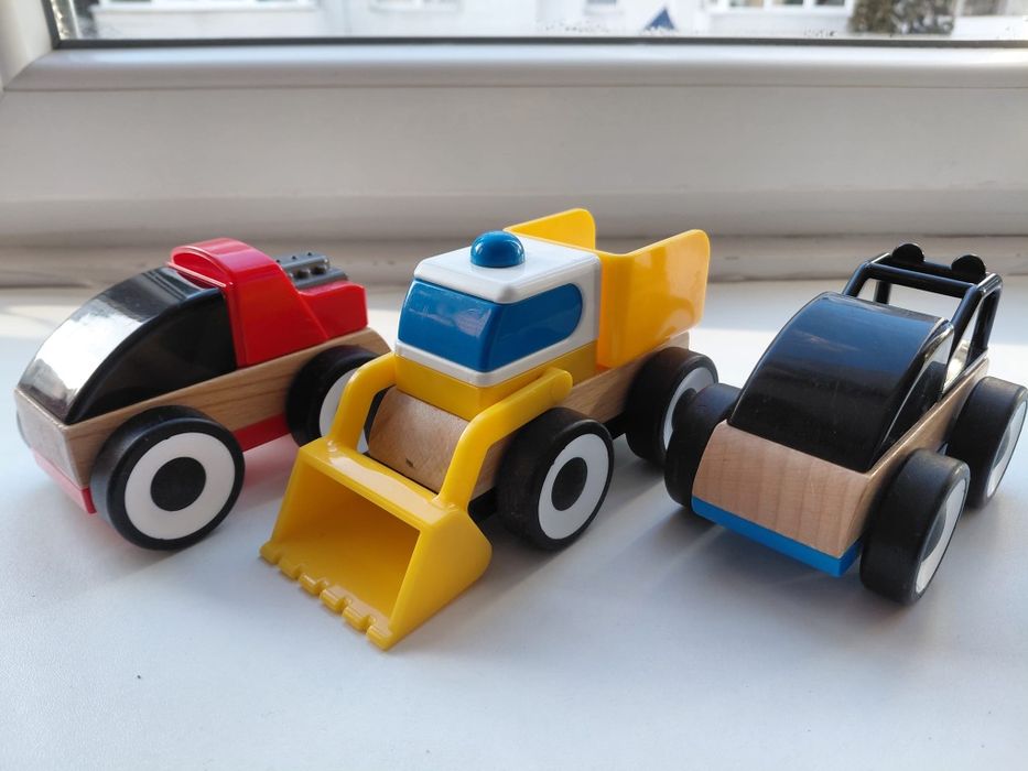 Ikea Set vehicule, 3 piese, excavator/mașină de curse/poliție