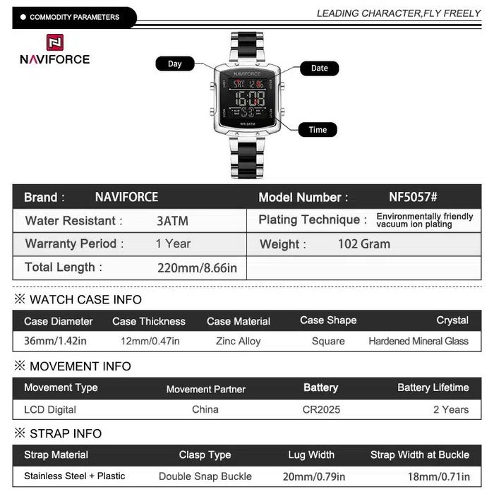 Ceas Digital cu Afișaj NAVIFORCE Dama  Silver -Black Elegant  Deosebit