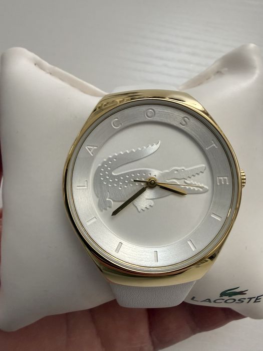 Лимитированные часы Lacoste бело-золотистые с кожаным браслетом