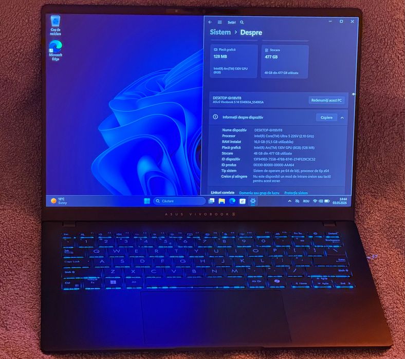 Asus Vivobook S14 S5406 aluminiu  ecran OLED 14" 16 GB RAM 480 GB SSD garanție eMAG 2029 Intel Ultra 5 226V Lunar Lake 18 ore autonomie YouTube video