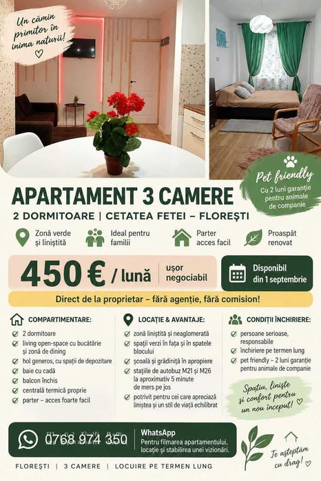 Apartament 3cam, 2dormitoare - Cetatea Fetei, Floresti (de la proprietar)