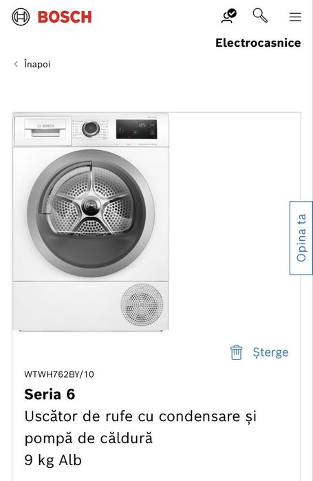 Uscător rufe Bosch Serie 6, 9 kg, pompă căldură, A++, WiFi, stare impecabilă - garantie