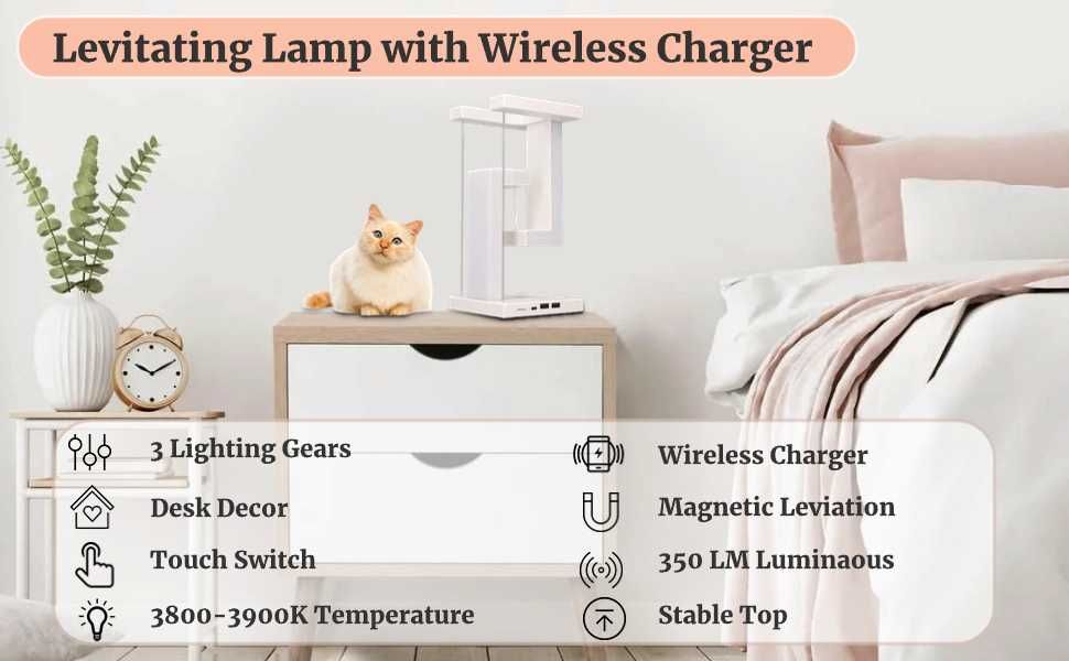 Tensegrity Магнитна левитационна лампа, с USB порт, Безжично зарядно