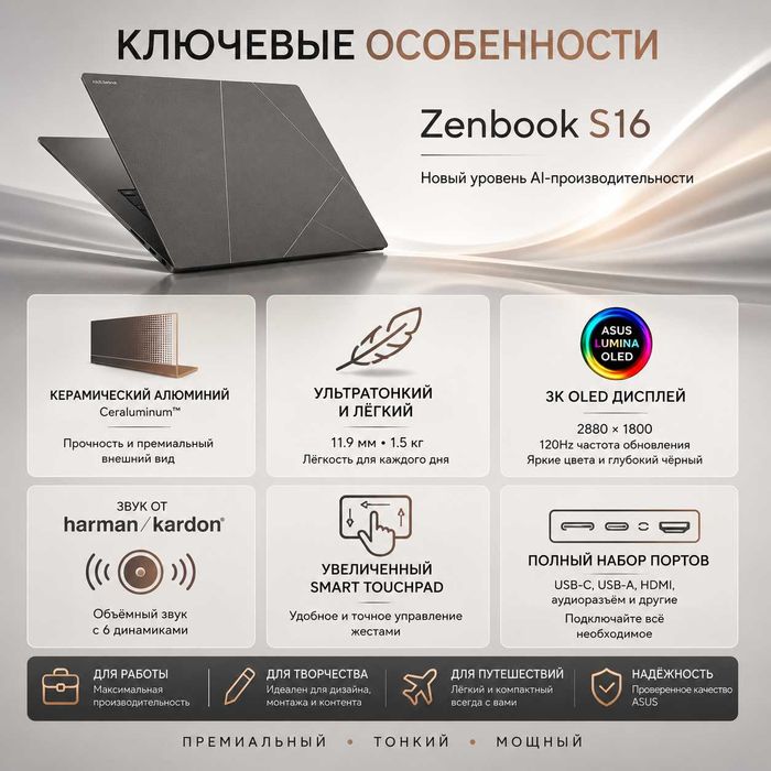 ASUS Zenbook S16 OLED/ Ryzen AI 7/ 24GB/ 1TB/ 3K 120Гц/ Гарантия 1 год