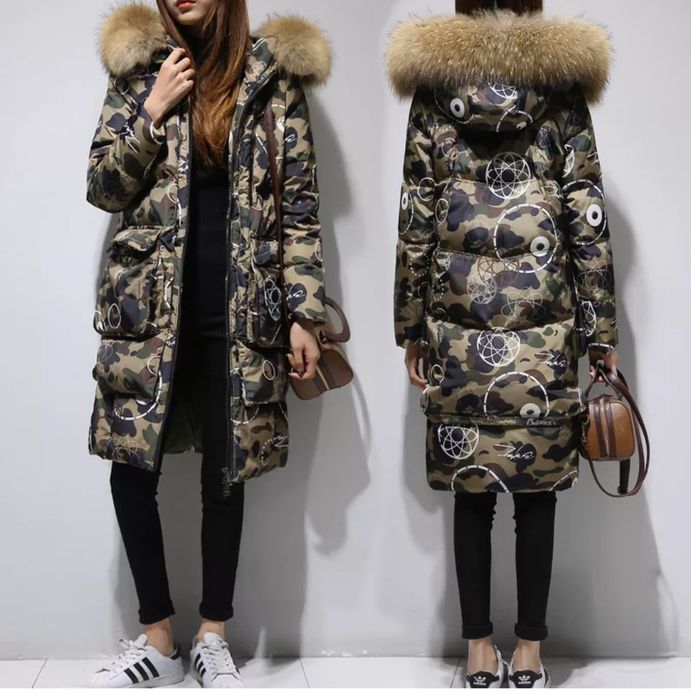 Geaca lunga puf rata+blana naturală