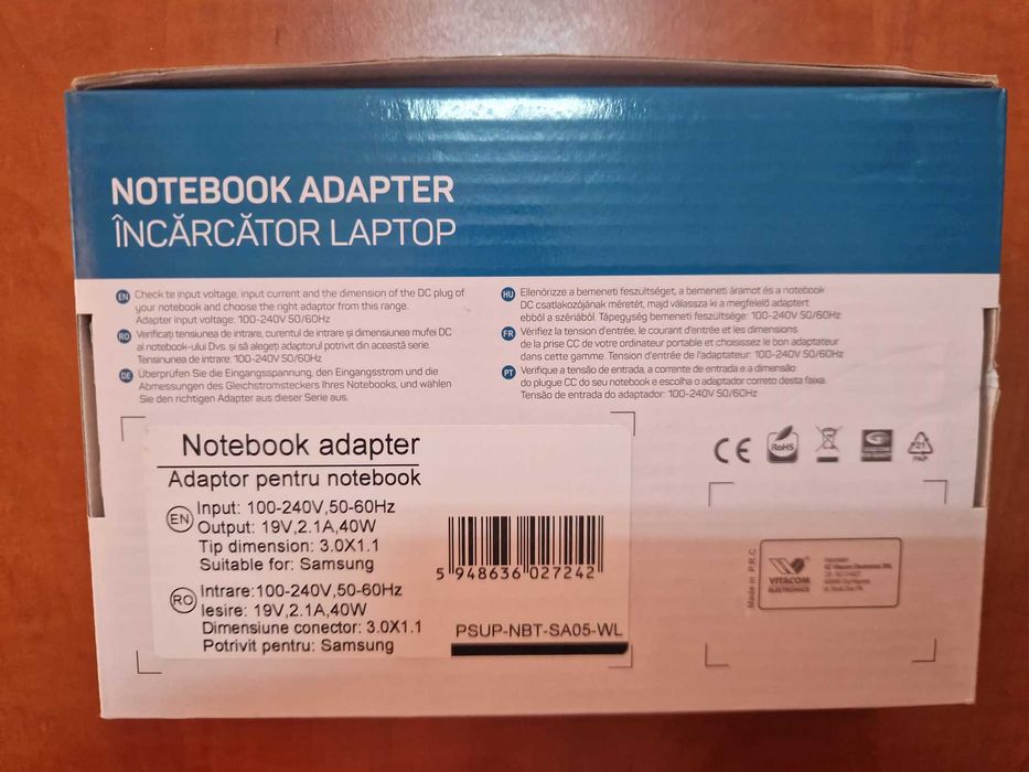 Incarcator laptop nou Well - 19V, max 40W, mufa 3.0 x 1.1 pt Samsung