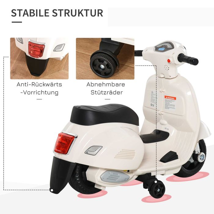 HOMCOM Електрически мотоциклет за деца, Vespa 6V електрически мотоциклет с помощни колела
