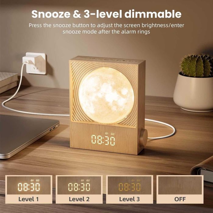 Lampa Luna Rotativa cu Alarma Sunrise Ceas Digital RGB Sunete Natura