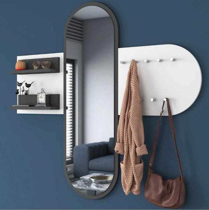 Закачалка с огледало Puzzle-home 2445, Бял - черен/натурален, Промоция