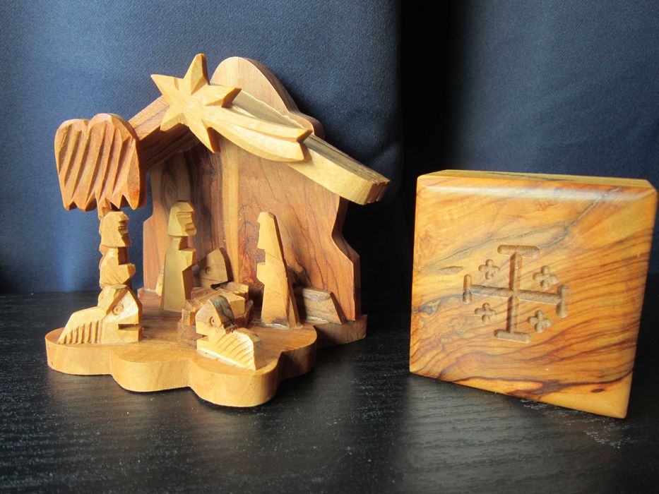 Craciun cadou rar Ierusalim 1980 Scena Nasterii + cutie lemn maslin