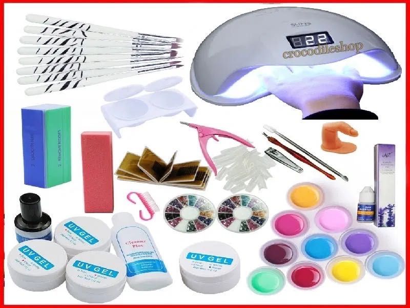 Kit unghii 12 gel color set manichiura lampa UV led 48w 7 pensule