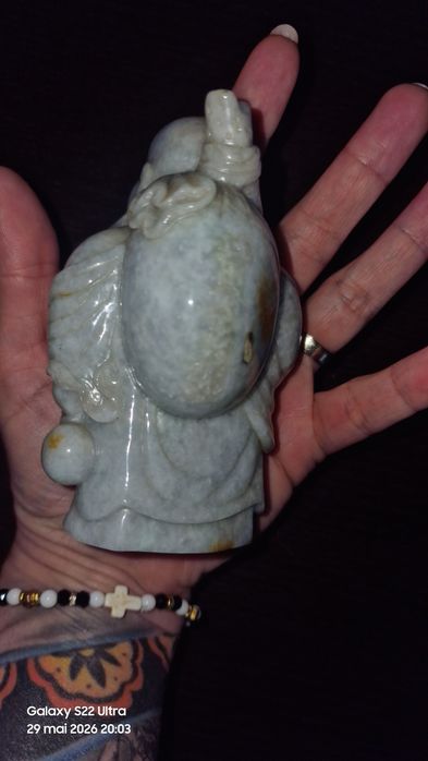 Statuetă Vintage Budai (Buddha cel Vesel) din Jadit Natural Lavandă – 550g, Sculptată Manual cu Inscripție de Prosperitate