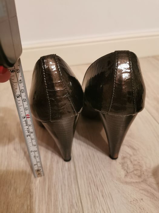 Pantofi stiletto, metalizati, negru-maroniu, marimea 38