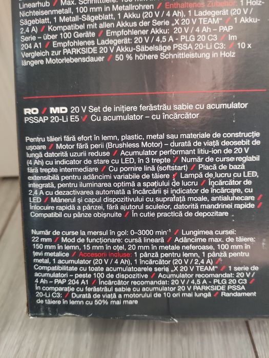 Fierastrau sabie Parkside Performance cu  acumulator de 20 V