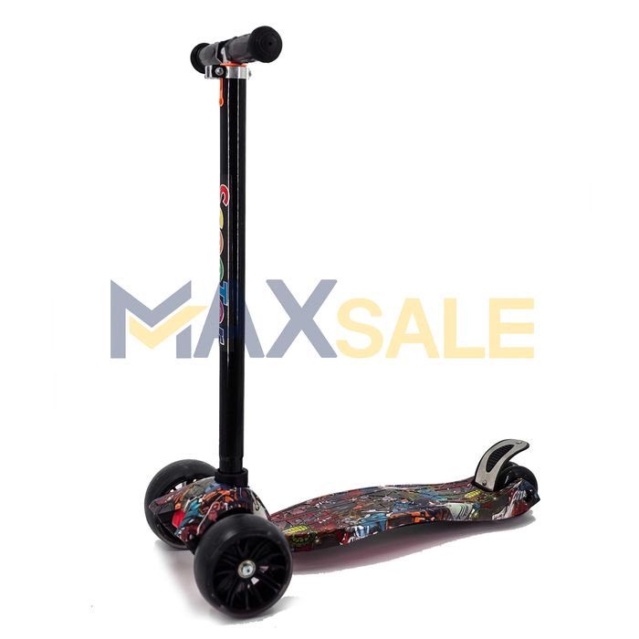 Детска триколка тротинетка черно / многоцветно с 3 светещи колела