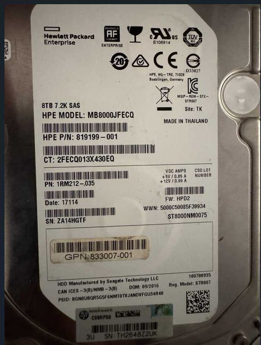 HDD 8TB Enterprise HPE 819199-001  8TB SAS 3,5" 12G