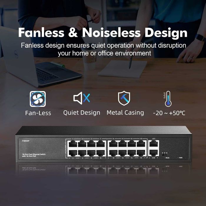 Switch PoE Max 200W YuLinca 16 porturi 10/100Mbps POE,2 Port Gigabit