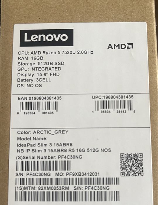 Laptop Lenovo Ryzen 5 7530U, 16GB RAM, SSD 512GB