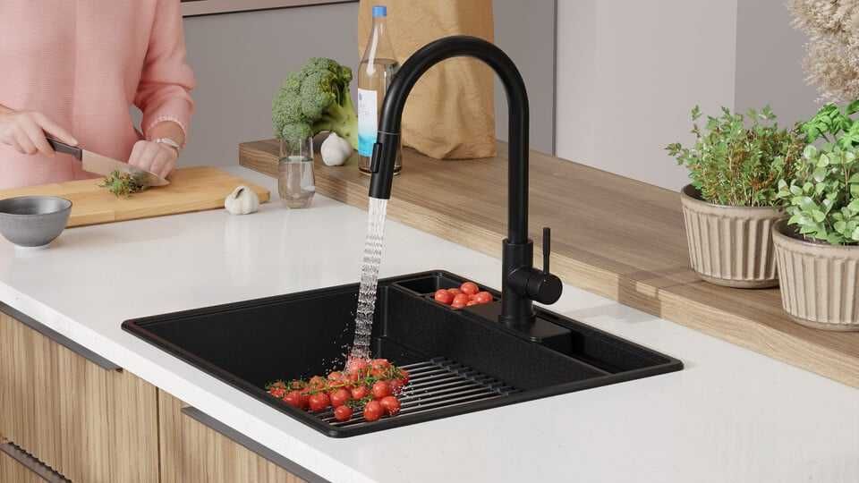 Черна кухненска мивка от гранит Ню Йорк 60 Multispace 580 x 530 мм