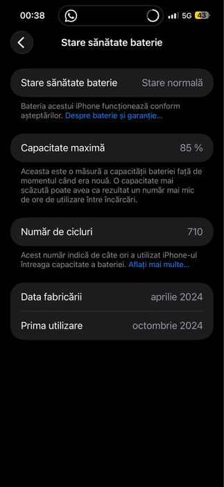Iphone 15 Pro Max, 256 GB , sanatate baterie 85% , Dark Blue