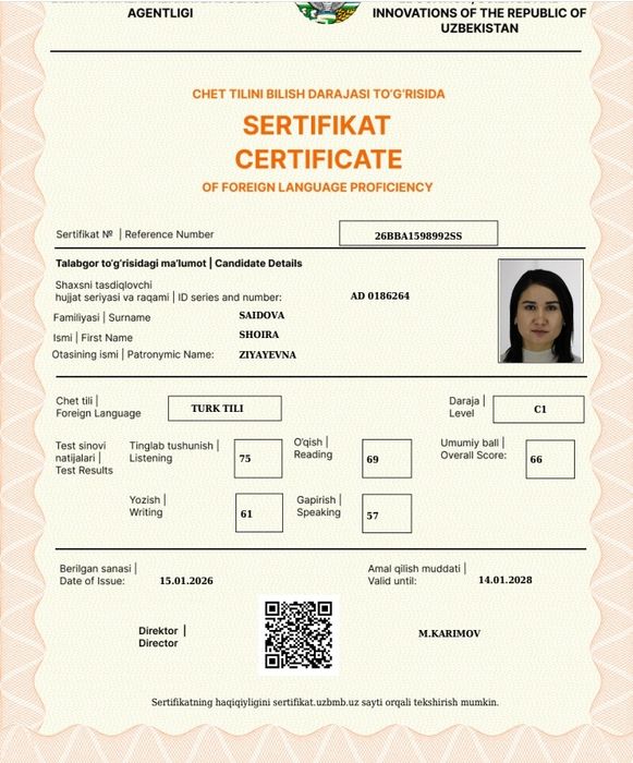 Turk tilini online 5ta C1 sertifikatiga ega tajribali ustoz bilan oʻrg