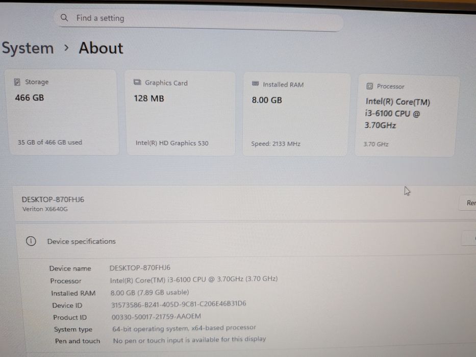 Unitate mini PC Acer, I3 - 6100, 8gb DDR 4, 500gb, win 11