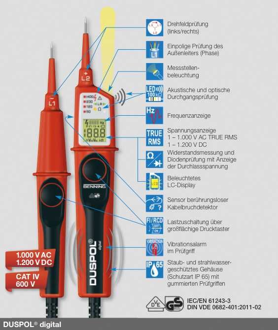 Benning Duspol Digital Двуполюсен Професионален Tестер за напрежение