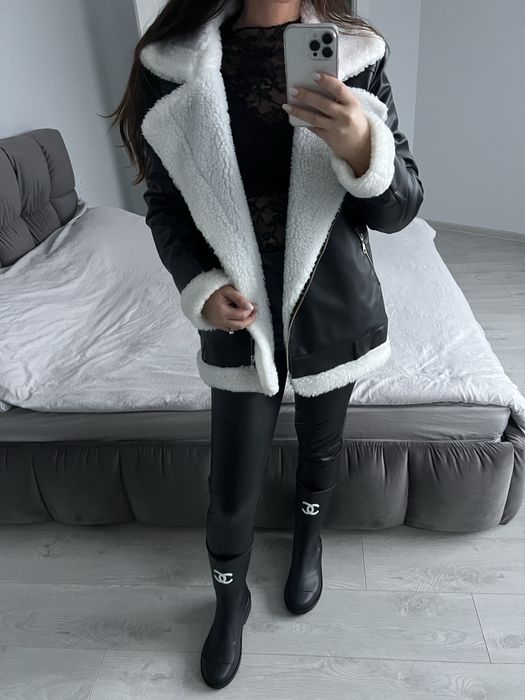 Черно кожено яке пух