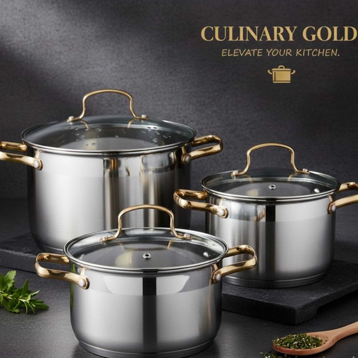 Луксозен комплект тенджери с неръждаема стомана и златисти дръжки – пе