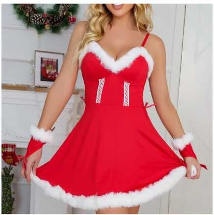 Секси коледна рокля в комплект с ръкавици, Секси коледно бельо за жени