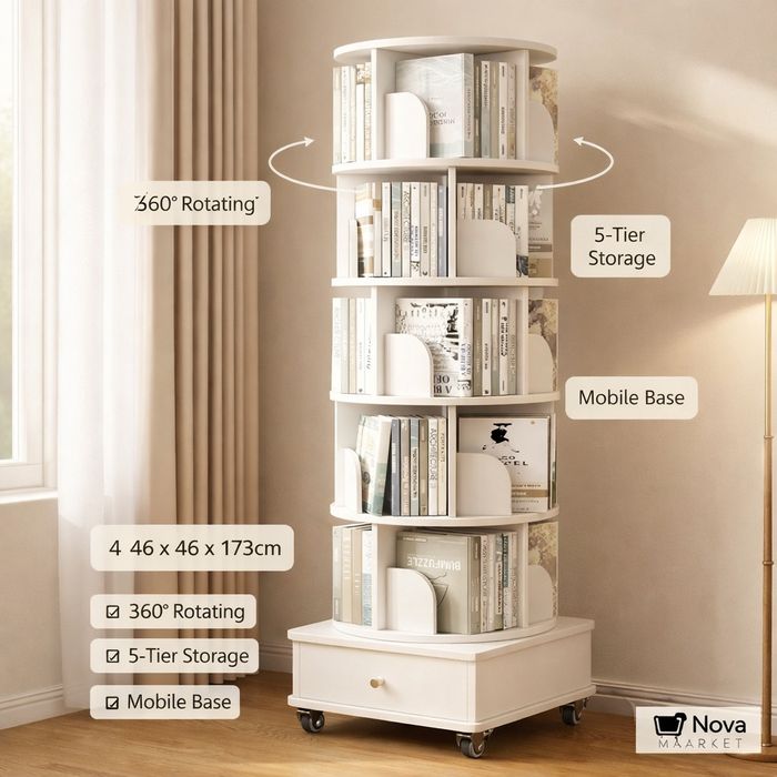 Крутящаяся книжная полка 360° на колёсах, 5 уровней, 173 см