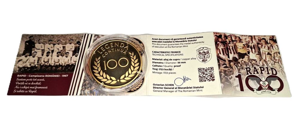 Ediție Limitată Medalie 100 Ani Rapid Monetăria Statului Tiraj 390 buc