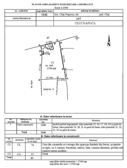 Teren intravilan de 1560 mp, front de 26 m, cu casa S+P, in Grigorescu