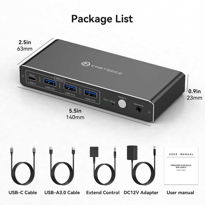 KVM Switch 2 Porturi 4K 60Hz USB C și HDMI pentru Laptop și Desktop