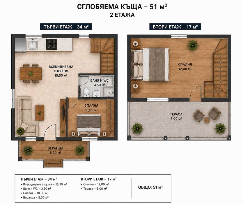 Сглобяема Къща - 51 м² | 2 ЕТАЖА | 2 СПАЛНИ | Всичко включено до етап ТАПА