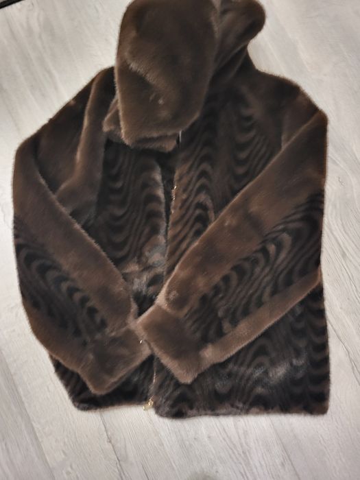 Нов кажух от еко пух/кожа кафяво с черно