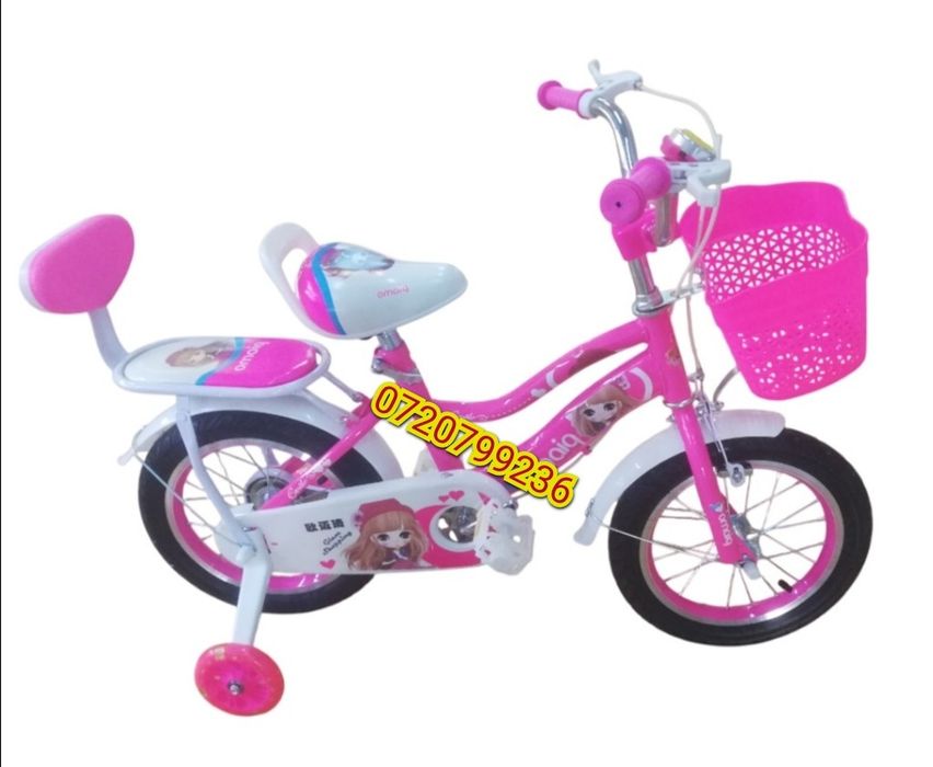 Bicicleta fete 16" cos roz,roti ajutatoare