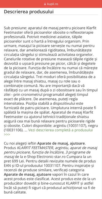 Aparat masaj picioare reflexoterapie profesionala KLARFIT FEETMASTER