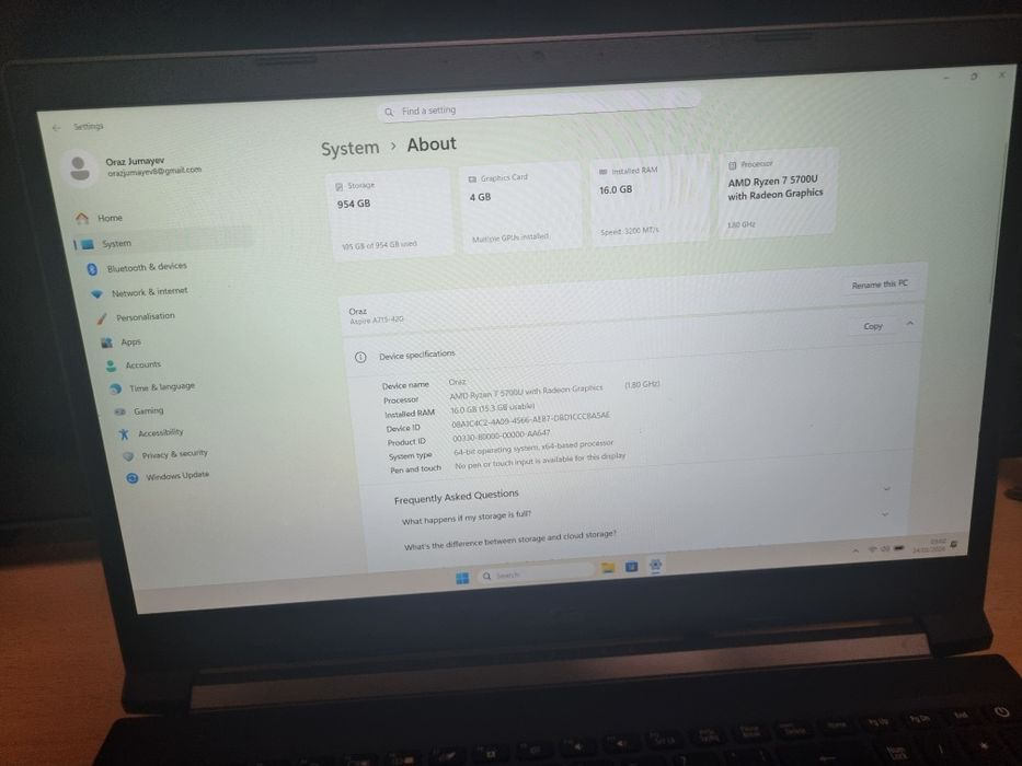 Laptop Gaming Acer Aspire 7 A715-42G | Ryzen 7 5700U | GTX 1650 4GB |