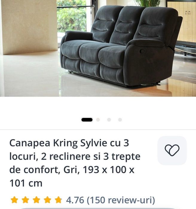 Fotoliu si Canapea Kring cu 3 locuri, 2 reclinere si 3 trepte de confort, Gri, 193 x 100 x 101 cm