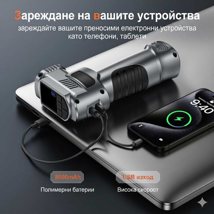 5-в-1 Преносимо пусково устройство (Jump Starter) с компресор – 3000A