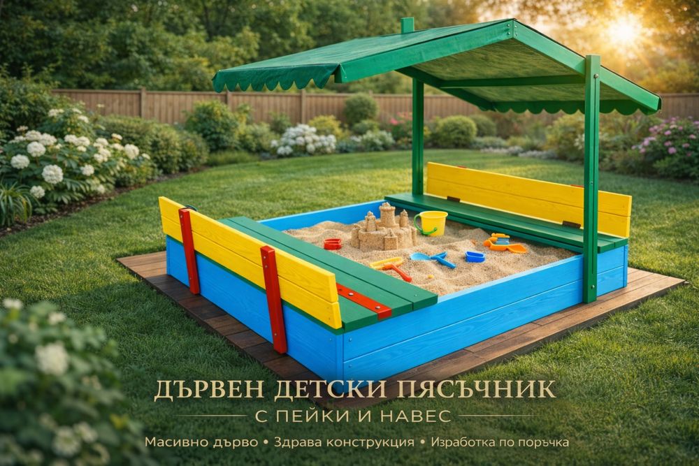 Дървен детски пясъчник с пейки и капак | Масивно дърво