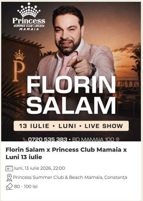 bilet Florin Salam data 13.07.2026, princess summer club mamaia