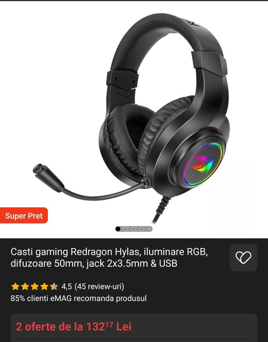 Casti gaming Redragon Hylas, iluminare RGB, in stare buna