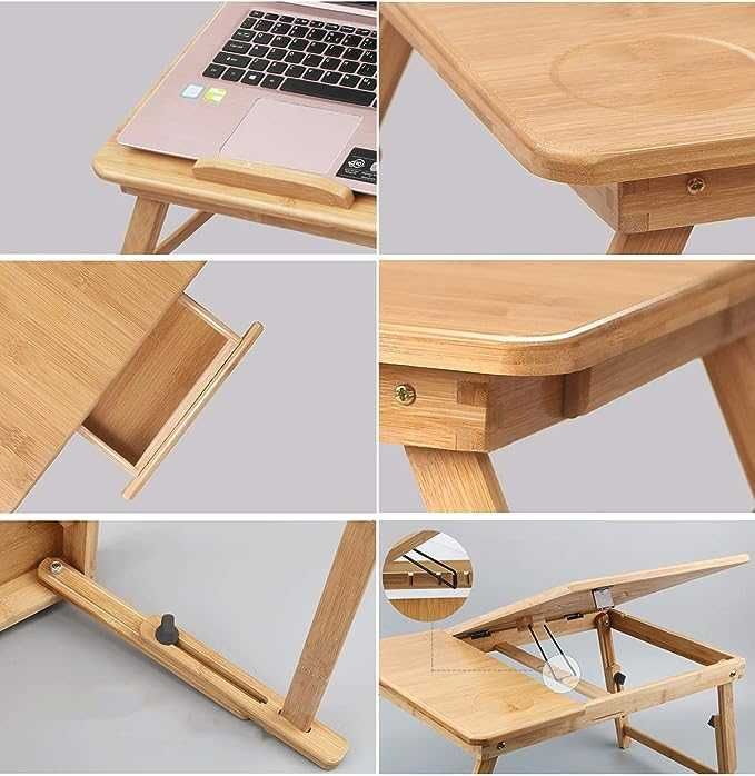 Masa pentru laptop din bambus cu sertar si orificii ventilatie 50x30cm