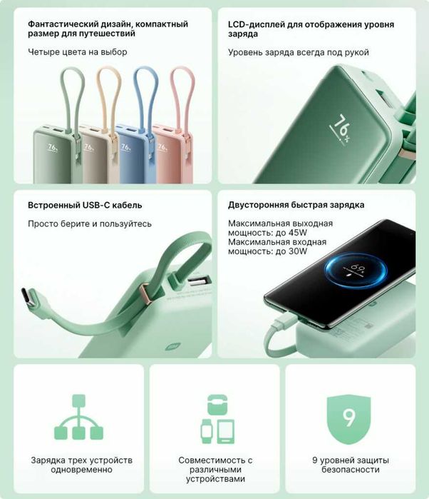 Power Bank Xiaomi 10000mAh 45W со встроенным кабелем Type-C и дисплеем