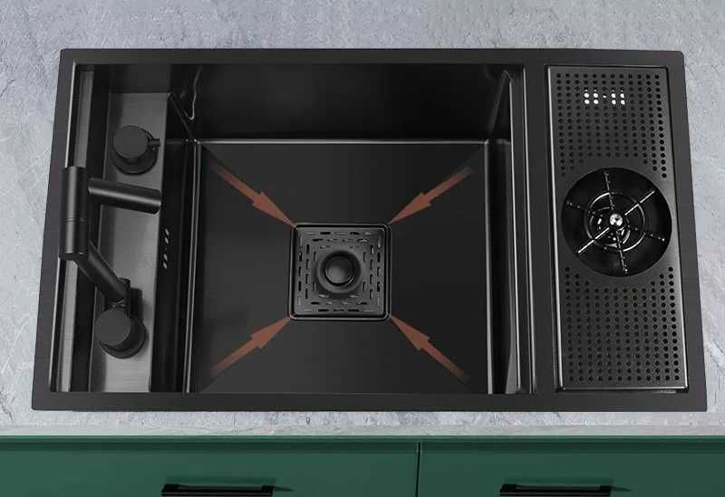 Черна мини мултифункционална кухненска мивка с капак