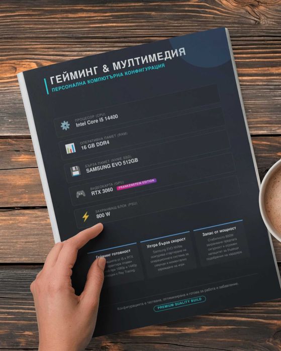 Елегантен Геймърски Компютър | Intel Core i5 14-та ген. | RTX 3060 | ПОДАРЪК